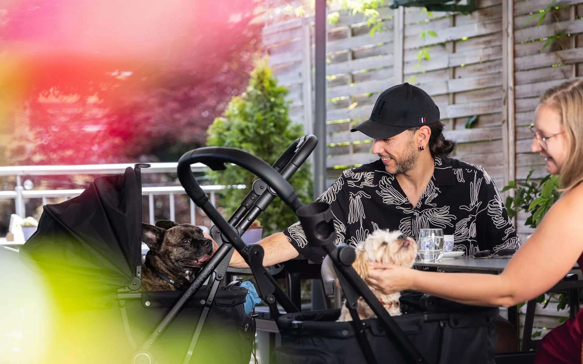Zwei MOON Dog Hundebuggys an einem Cafétisch, die Hunde schauen aus den Wannen