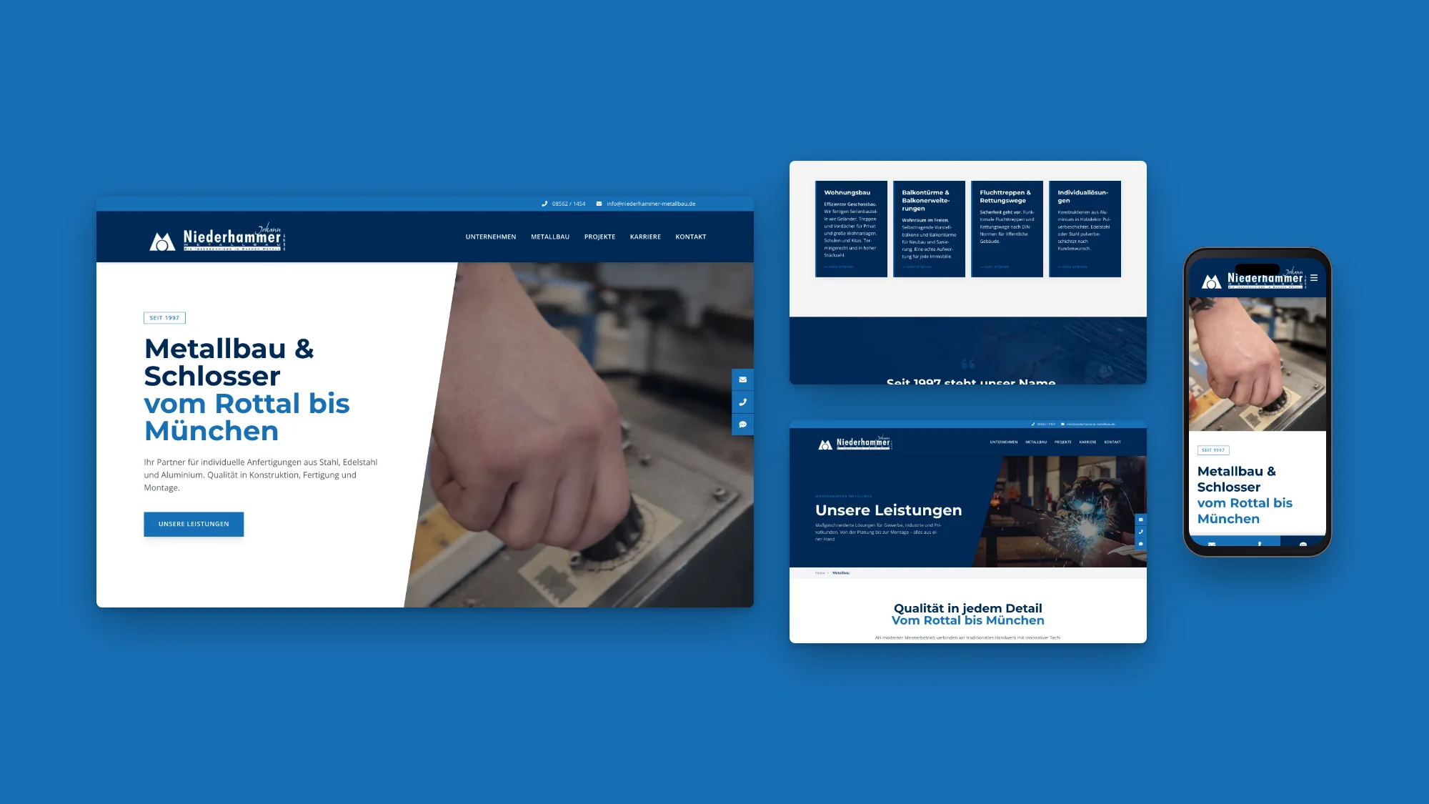 Desktop- und Mobilansichten der Website von Niederhammer Metallbau