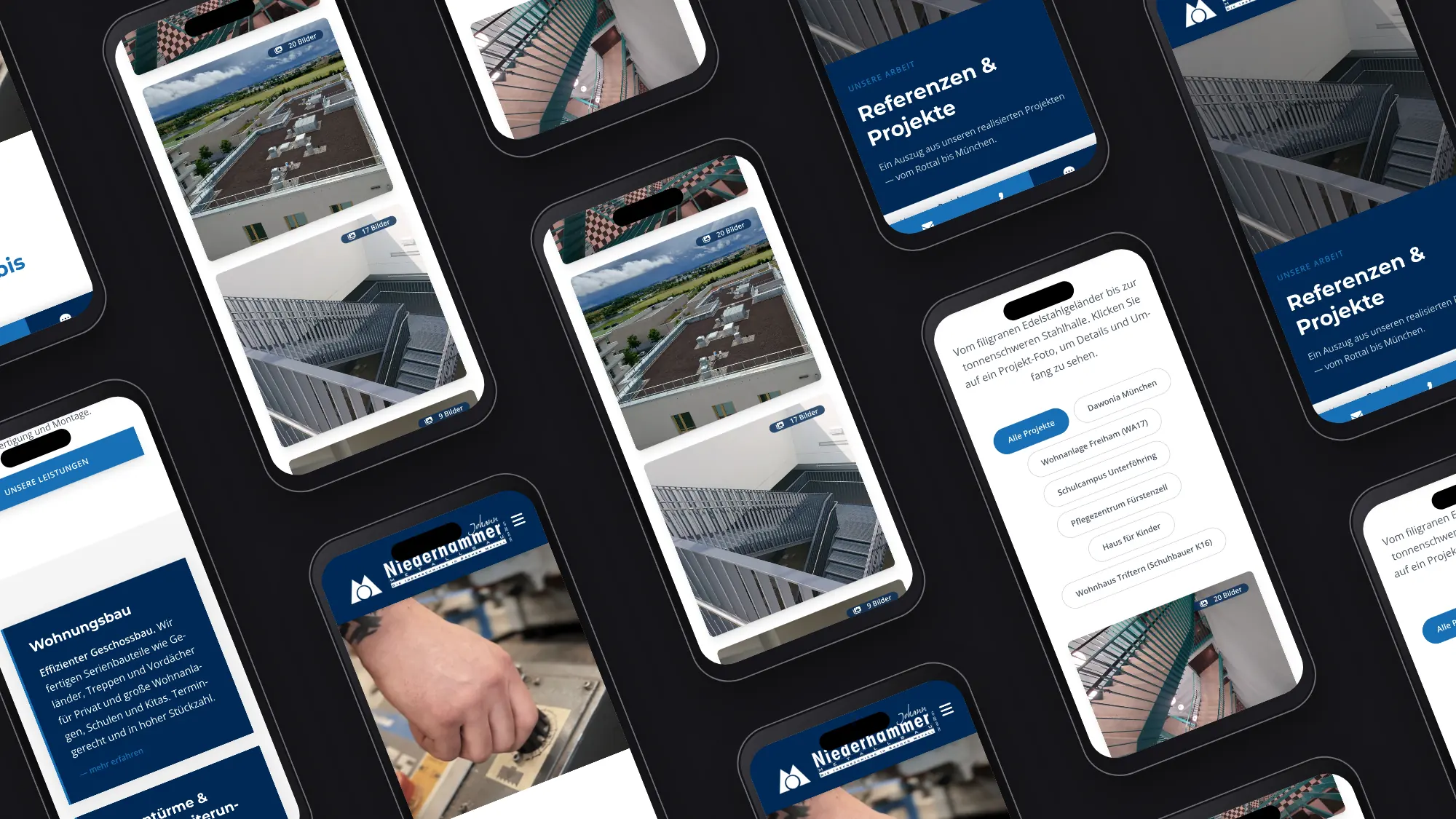 Mobile Seiten von Niederhammer Metallbau als schräges Muster auf dunklem Grund