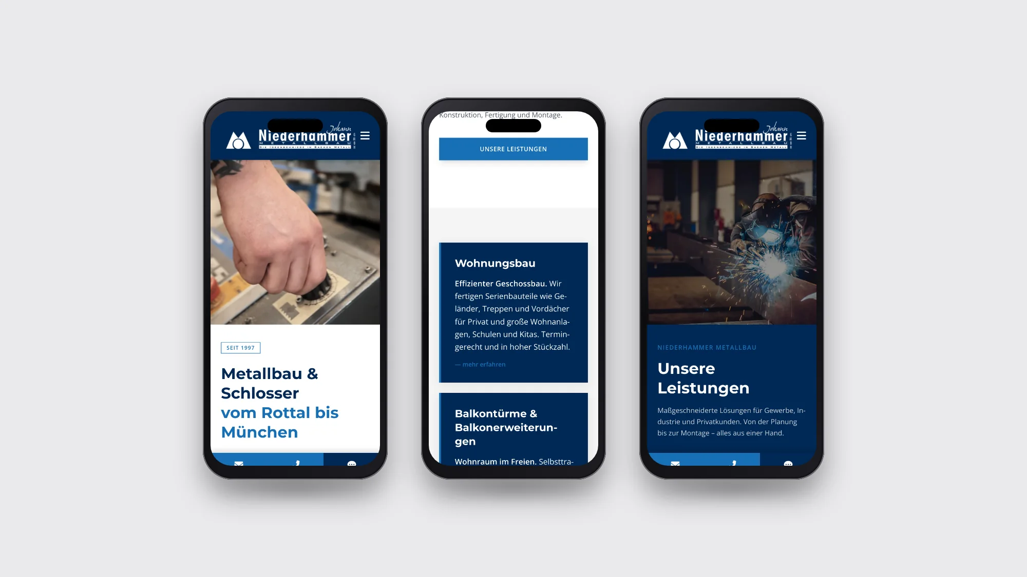 Drei Seiten der Website von Niederhammer Metallbau auf Smartphones nebeneinander