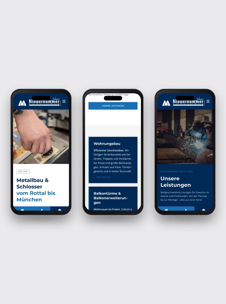 Die Website von Niederhammer Metallbau als Mockup auf mehreren Smartphones