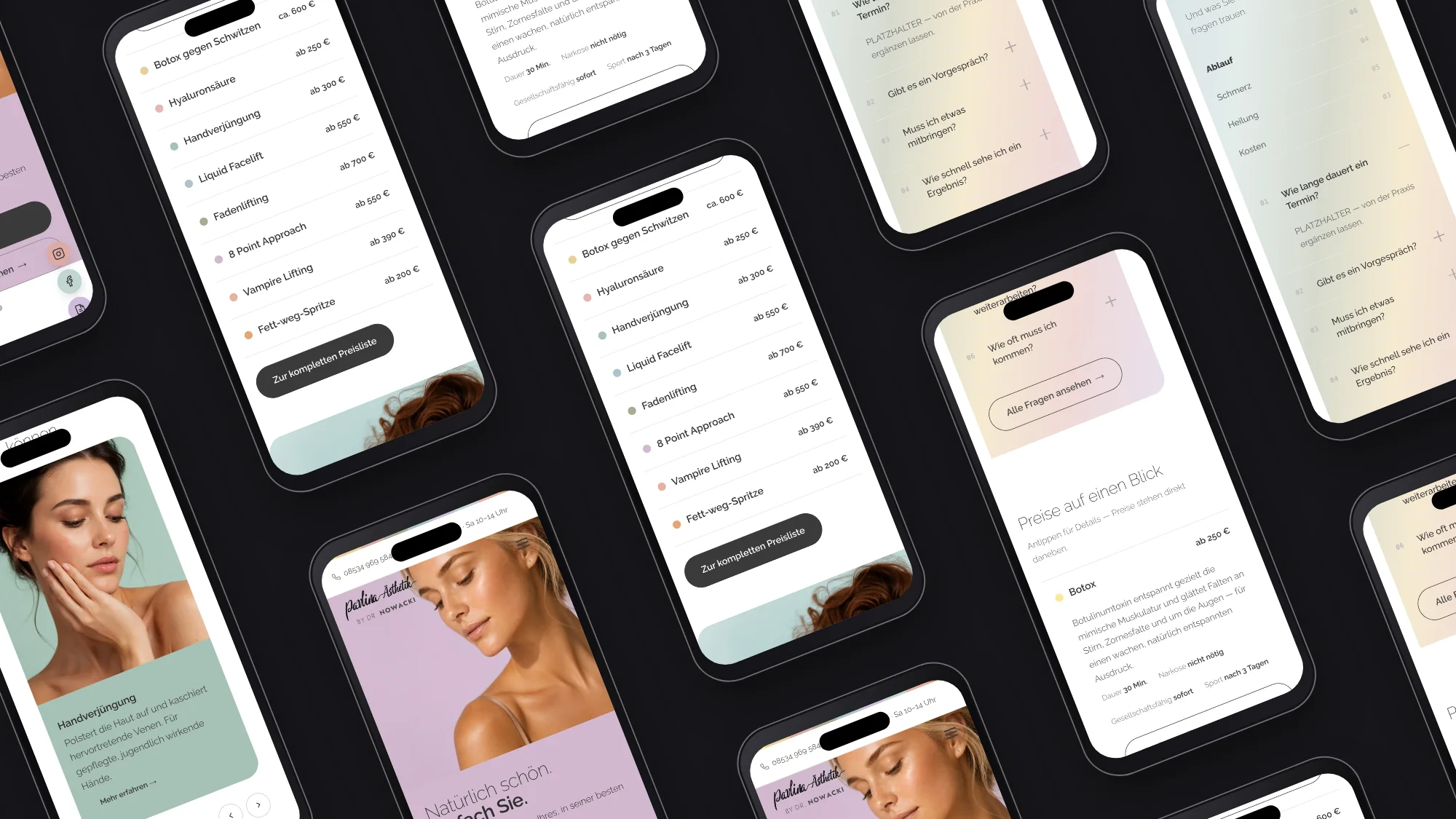 Mobile Seiten von Pavlina Aesthetik als schräges Muster auf dunklem Grund