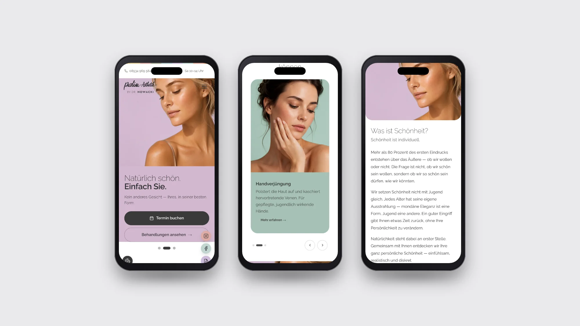 Drei Seiten der Website von Pavlina Aesthetik auf Smartphones nebeneinander