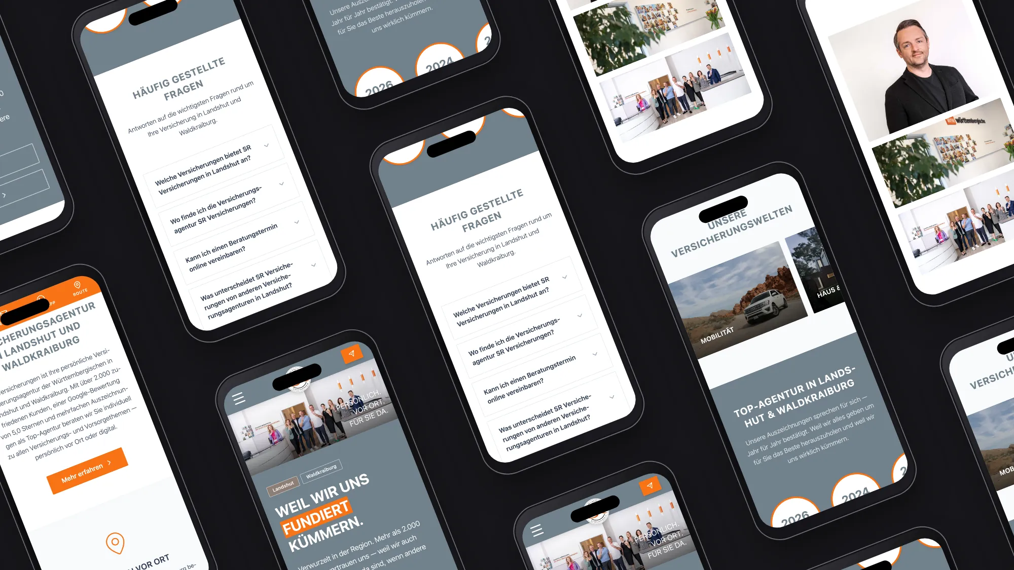 Mobile Seiten von SR Versicherungen als schräges Muster auf dunklem Grund