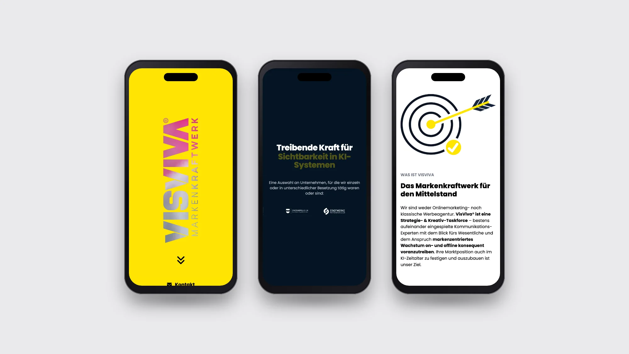 Drei Seiten der Website von VisViva auf Smartphones nebeneinander