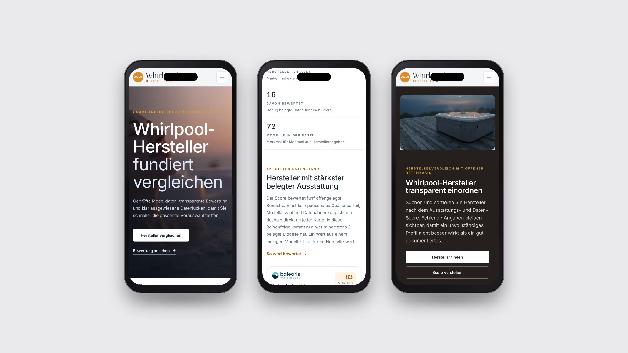Drei Seiten der Website von Whirlpool-Hersteller.de auf Smartphones nebeneinander